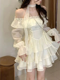 2024 Summer Elegant Ruffles Fairy Dress Women Casual Sweet Lolita Party Dress Long Sleeve One Piece Dress Korean Female Fashion