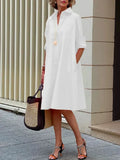 ZJKRL -  Solid Color Shirt Dress for Women Cotton-blended Long Sleeves Midi Dress 2025 Buttoned Loose Fit Commuter Outerfits