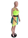 ZJKRL -  Summer Women Rainbow Print Mesh Mini Skirt Suit and Neon Green O Neck Rompers Matching Two 2 Piece Set Outfit with Belt