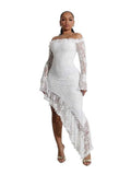 ZJKRL -  Women Elegant Slash Neck Dress Irregular Sexy Lace See Through Dress Hollow Out Mid-length Summer Dress