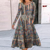 Vintage Fashion Pattern Print Boho Long Dress Women O Neck Patchwork A-Line Office Dress Spring Autumn Long Sleeve Party Dresses