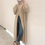 Zjkrl  -  holiday outfits High Neck Loose Slit Long Knit Sweater Bottom Sweater Dress Vestidos De Mujer Black Knitted Robe Vintage New Korean