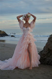 Zjkrl  -  Eeqasn Baby Pink Organza Prom Dresses Short Puff Sleeves Ruffles Prom Party Gowns Slit Princess Formal Women Party Dresses