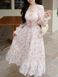 2024 Spring Pink Floral Elegant Dress Women Bandage Lace Print Sweet Vintage Dress Puff Sleeve Kawaii Dress Women Princess Fairy