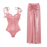 ZJKRL  -  New 3D Butterfly Decoration Sweet Girl Pink Shiny One-piece Swimsuit Set for Beauty Women