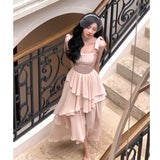 2024 French Elegant Women Wedding Party Dress Fashion Vintage A Line Tierred Robe Female Sundress Retro White Dress Vestido Pink
