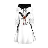 Women Gothic Hooded Dress Slight Stretch Sweatshirt Dresses Cat Hat Moon Print Tie Long Sleeve A-Line Mini Casual Dress