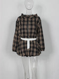 ZJKRL -  Plaid 2-Piece Set Women Zipper Long Sleeves Hooded Short Coat+Patchwork Elastic Waist Puffy Mini Skirt Matching Suits
