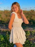 Zjkrl  -  White Dots Women Sleeveless Romper Tiered Wide Leg Summer Playsuit Elastic Smocking Square Collar Overall