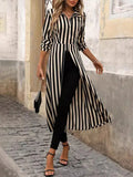 ZJKRL -  New Women's Extra Long Shirt Top Lapel Collar Long Sleeves Striped Long T-shirt Split-joint Pleated Blouse