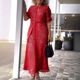 ZJKRL -  Elegant Lace Maxi Dress Women Solid Hollow Out Button Down Shirt Lace Party Evening Long Dress Women