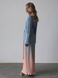 Zjkrl - Gradient Tie Dye Long Sleeve Maxi Dress For Women Fashion Oneck Straight Loose Pleated Vestidos Female Elegantstreetwear Robe