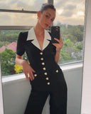ZJKRL -  Fashion Women Short Sleeve Button Office Wide Leg Jumpsuits Elegant Summer OL Chic Party Outfits One Piece Suit Rompers