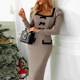 ZJKRL -  Elegant Pencil Midi Party Dress Women Grid Puff Long Sleeve Square Neck Bodycon Office Evening Wedding Dress