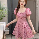 Zjkrl - Korean Chic Dress Elegant Temperament New 2024 Woman Japan Floral Print V Neck A Line Lace-Up Bow Tie Retro Vintage Cute Dress