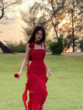 ZJKRL -  Fashionable Suspender Sexy Floral Red Dress Summer Print Elegant V-neck Pullover Tie Tight Women's Backless Long Dress Z639