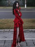 Zjkrl  -  Autumn Red Vintage Elegant Dress Women Flare Sleeve Designer Sweet Long Dress Female Ruffles Retro Princess Irregular Dress