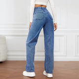 Zjkrl  -  Denim Jeans Women Straight Pants Washing High Waist Loose Pockets Basics Ankle Length Y2k Blue Pants Streetwear Slight Strech
