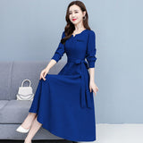 V-neck Elegant Fashion Long Sleeve Button Elastic Waist Belt Dress Comfortable Simple Solid Color Autumn Women's Clothing