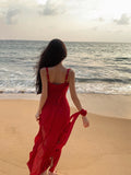ZJKRL -  Fashionable Suspender Sexy Floral Red Dress Summer Print Elegant V-neck Pullover Tie Tight Women's Backless Long Dress Z639