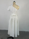 ZJKRL -  New Spring Summer Elegant Ruched One Shoulder Lace Up Maxi Dress Women Solid Party Evening Wedding Long Dress Women