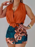 ZJKRL -  Short Sets for Women 2 Pieces Solid Halter Neck Top and Shorts with Belt Summer Sexy Office Wears for Ladies Outfits Elegant