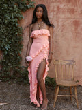 Ruffles Elegant Long Maxi Dress Women 2023 Summer Dress High Split Spaghetti Strap V Neck Nightclub Sexy Party Dresses