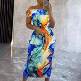 ZJKRL -  Summer Women Print Slash Neck Bodycon Long Maxi Dress Short Sleeve Sexy Split Night Club Party Evening Vestido Dresses