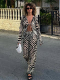 Zjkrl  -  Tracksuit Women Print Y2K Long Sleeve Top Shirts Bandage And Pants Sexy Two Piece Set Casual Outfits Party Clubwear