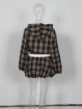 ZJKRL -  Plaid 2-Piece Set Women Zipper Long Sleeves Hooded Short Coat+Patchwork Elastic Waist Puffy Mini Skirt Matching Suits