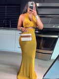 ZJKRL -  Halter Neck Dress for Women Evening Appliques Classy Elegant Gold Dress High Waisted Tights Summer Female Dress Long Sexy