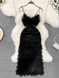 Zjkrl - Ins Fashion Women Christmas Red Long Dress High Waist Lace Patchwork Side Split Velvet Long Dress Party Vestidos