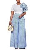 ZJKRL -  Wide Leg Woman Pants Set Summer Appliques White Top and Stripe Trouser Two Piece Office Ladies Wear