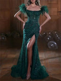 Zjkrl  -  Green Sequined Sleeveless Feather Off Shoulder Mermaid Evening Dresses 2024 Sexy High Slit Formal Sweep Train Prom Dresses