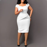 ZJKRL -  Summer Work Dress Women Elegant Solid Square Collar Short Sleeve Ruffle Hem Bodycon Party Business Midi Dress Women