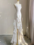 Zjkrl  -  Elegant White Round Neck Slim Fit Sleeveless Women Wedding Dress Evening Party Gown with Ruffles Vestidos De Novia