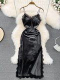 Zjkrl - Ins Fashion Women Christmas Red Long Dress High Waist Lace Patchwork Side Split Velvet Long Dress Party Vestidos