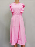 Zjkrl  -  Summer Ladies Elegant Dot Print Chic Dress Women Casual Butterfly Sleeve Ruffles Medium Long Chiffon Dress