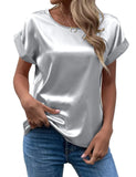 Zjkrl  -  holiday outfits Elegant Women's Blouse Solid Tees Summer Lady Short Sleeve Satin Shirt Loose Casual Round Neck T-shirt Tops S-XXL