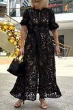 ZJKRL -  Elegant Lace Maxi Dress Women Solid Hollow Out Button Down Shirt Lace Party Evening Long Dress Women