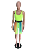 ZJKRL -  Summer Women Rainbow Print Mesh Mini Skirt Suit and Neon Green O Neck Rompers Matching Two 2 Piece Set Outfit with Belt
