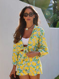 Zjkrl  -  Lemon Printed Cotton Linen Women's Summer Shorts Set Casual Bowknot Shirt Short Matching Set New Fruit Print Suit