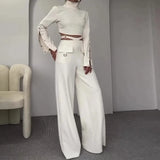 Zjkrl  -  holiday outfits Women Pant Set Solid Two Piece Sets Turtleneck Full Sleeve Tops Sexy Wide Leg Long Pants Loose Casual Regular Splice