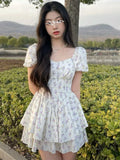 Zjkrl  -  High Waist Dress Women Summer Floral Sweet Square Collar Puff Sleeve Princess Girlish Tender Elegant Korean Style Preppy Chic