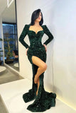 Zjkrl  -  Unique Wine Red Prom Dresses Long Sleeves Sequins Scoop Neck Sexy Split Formal Prom Party Gowns Maxi Women Night Robe De Soiree