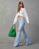 Zjkrl  -  Blue Jeans for Women Pants Jeans Casual Long Flare Pants Slim High Waist Hole Denim Trousers Button Capris Y2k Spring