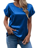 Zjkrl  -  holiday outfits Elegant Women's Blouse Solid Tees Summer Lady Short Sleeve Satin Shirt Loose Casual Round Neck T-shirt Tops S-XXL