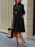 ZJKRL -  Solid Color Shirt Dress for Women Cotton-blended Long Sleeves Midi Dress 2025 Buttoned Loose Fit Commuter Outerfits