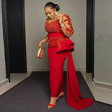 Zjkrl  -  Plus Size Arabic Aso Ebi Prom Dresses Red Lace Appliques Sheer Long Sleeves Sheath Evening Gowns Sweep Train Women Party Dress