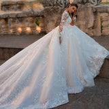 Zjkrl  -  Elegant Wedding Dresses Illusion Long Sleeve White Ivory Applique Lace Lady V-Neck Bridal Gowns Princess Sexy Backless Robe